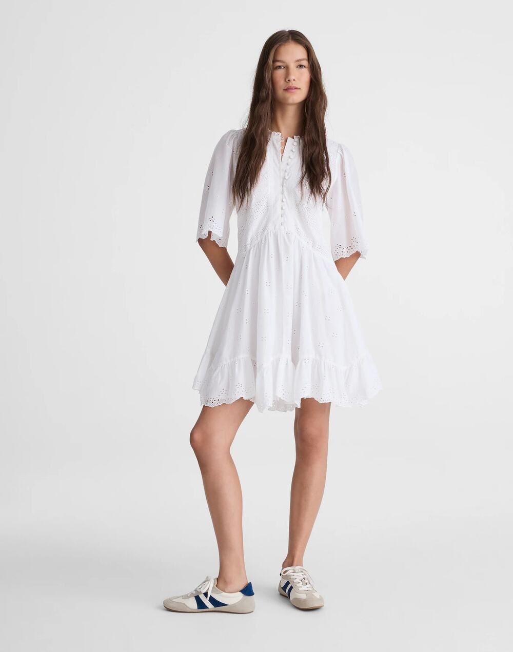 Madewell Women's Eyelet Flutter Sleeve Mini Dress in Cotton White Size 8 NWT